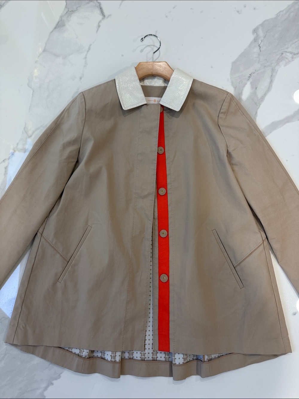 Tory Burch Women's Beige Coat with orange Trim and White Collar